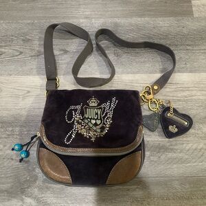 Vintage Y2K Juicy Couture Navy Blue and Brown Leather Crossbody